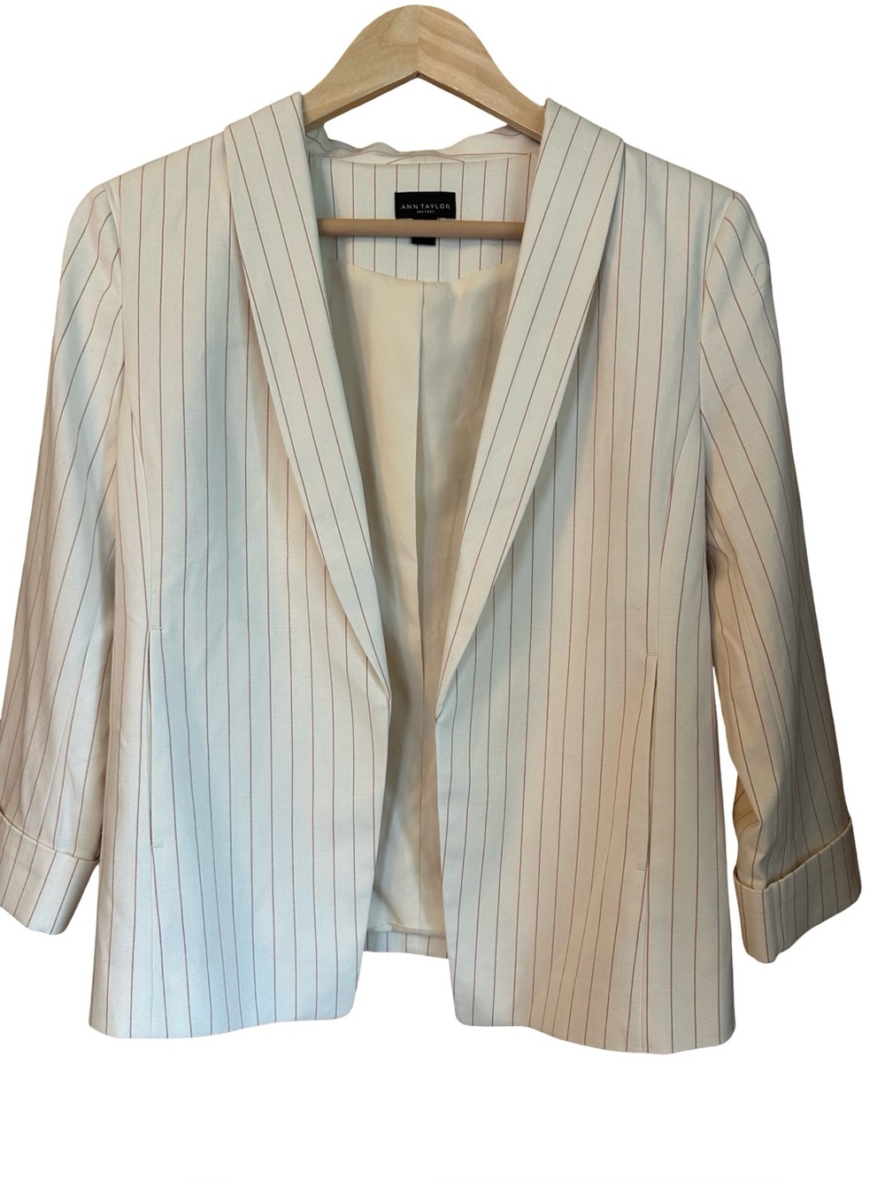 Ann Taylor Cream Pinstripe Open Front Cuffed Blazer Sz 0